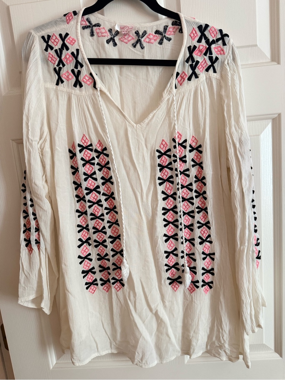 Boho Large Embroidered White Peasant Top with Pink & Black Accents V-Neck Gauze